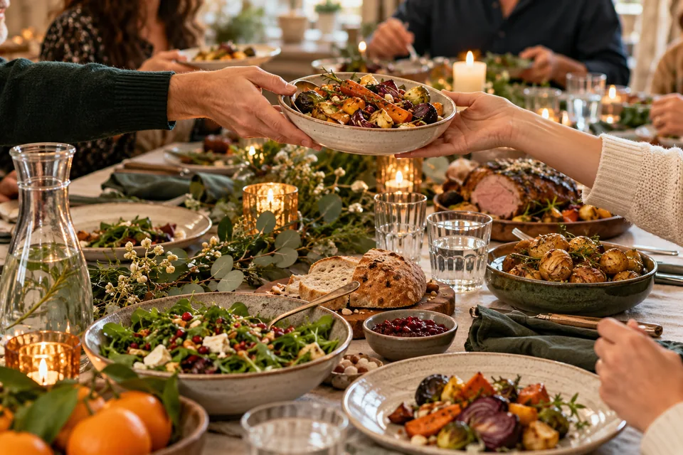 Feestelijk gedekte tafel met groenten, gedeelde gerechten en een waterkaraf