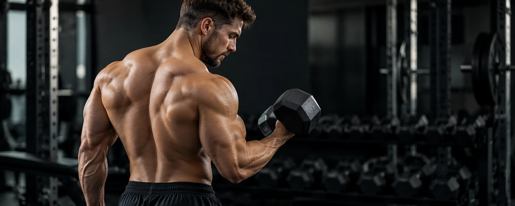 Gespierde volwassen bodybuilder die met een halter traint